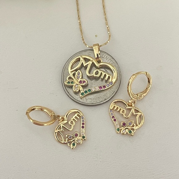 14k Gold Filled CZ MOM Heart Necklace & Earrings Set - Picture 4 of 4